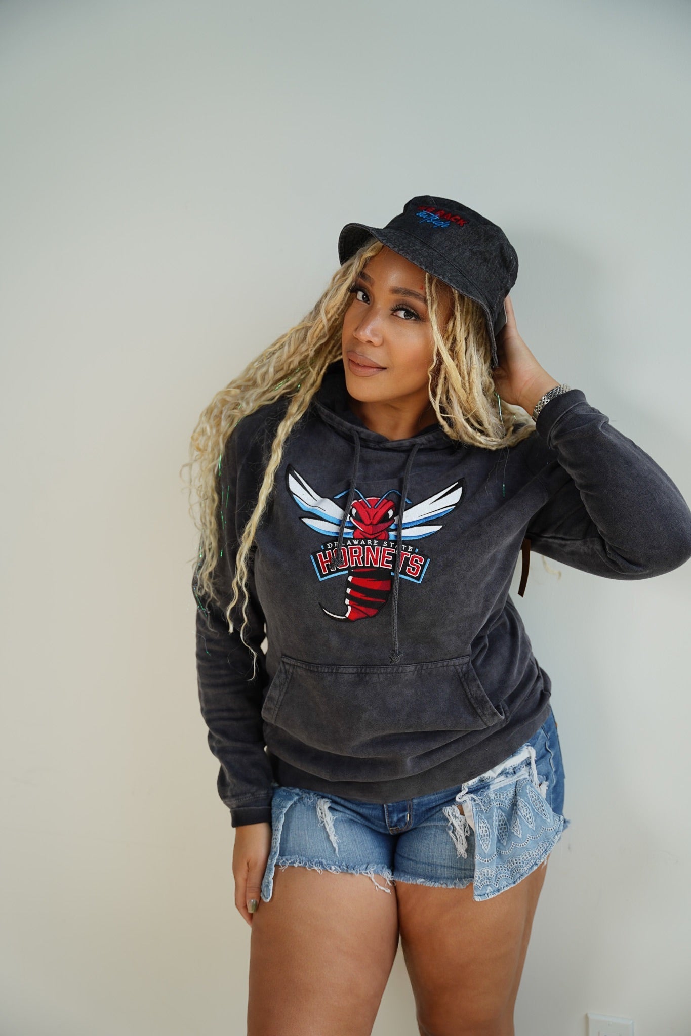 “Hornets” Black Denim Bucket Hat